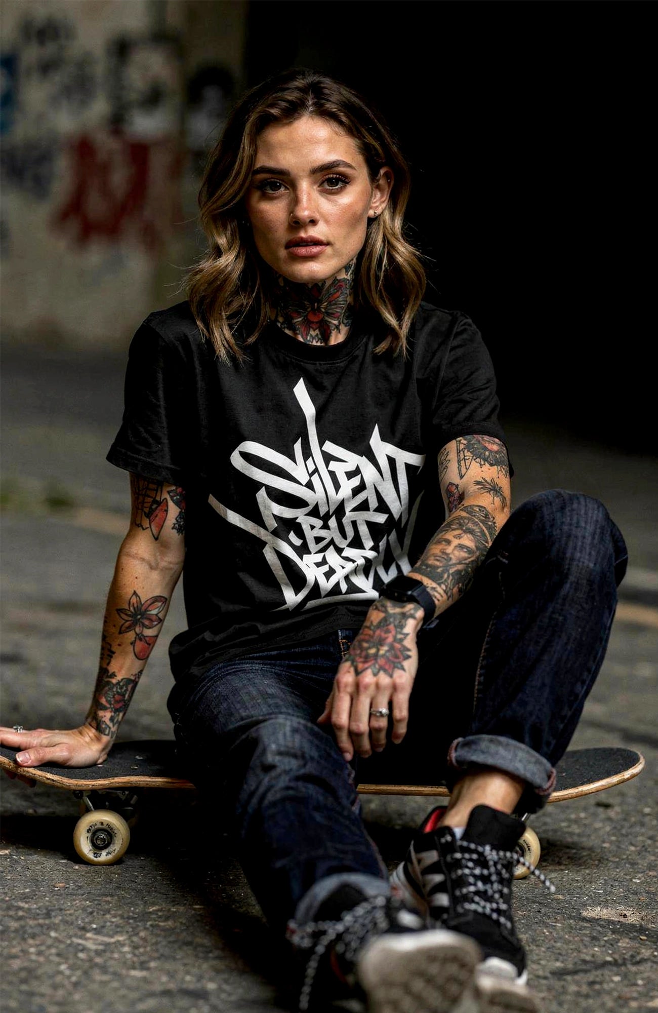 Silent But Deadly – Look Bundle - Shirt + Sticker Bundle SilentbutDeadly-EnrolDesign-streetwear-tshirt-schwarz-Frontmodel02