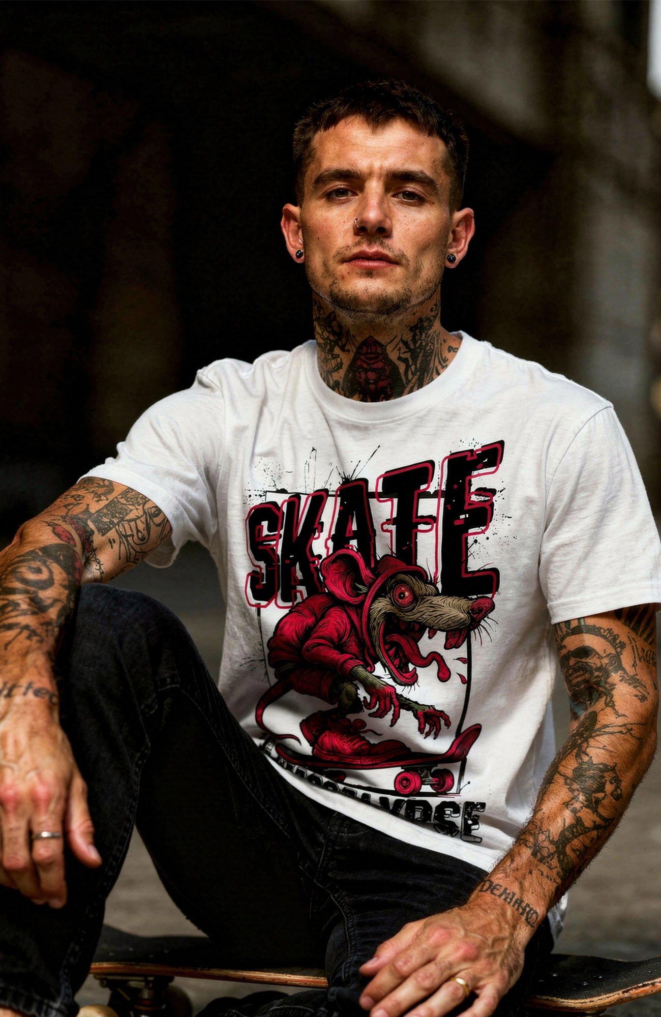 Skate the Apocalypse T-Shirt – Skater Shirt Weiß Shirt Skate-the-Apocalypse-streetwear-SkaterShirt-white-Mann-Model-02