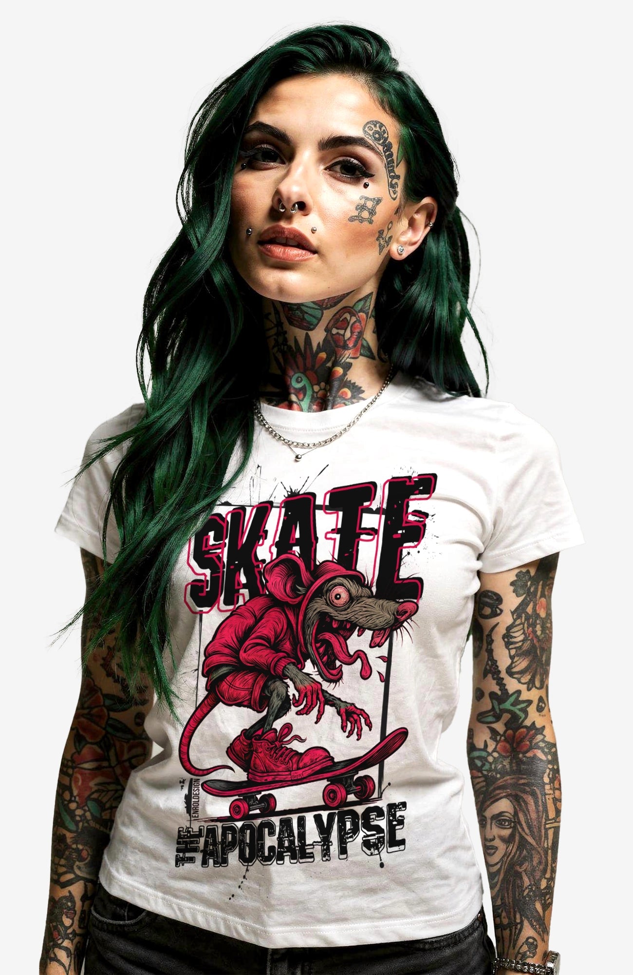 Skate the Apocalypse T-Shirt – Skater Shirt Weiß Shirt Skate-the-Apocalypse-streetwear-white-Black-Model-01