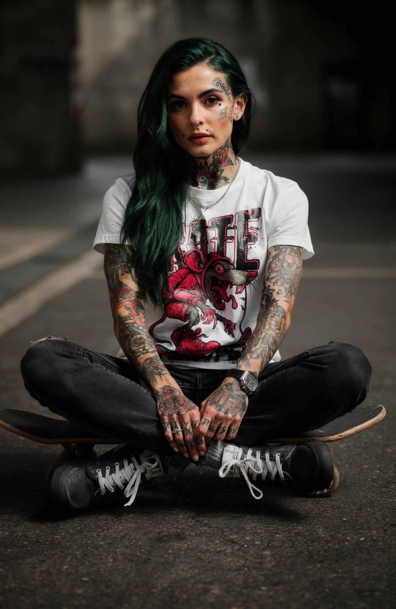Skate the Apocalypse T-Shirt – Skater Shirt Weiß Shirt Skate-the-Apocalypse-streetwear-white-Black-Model-02
