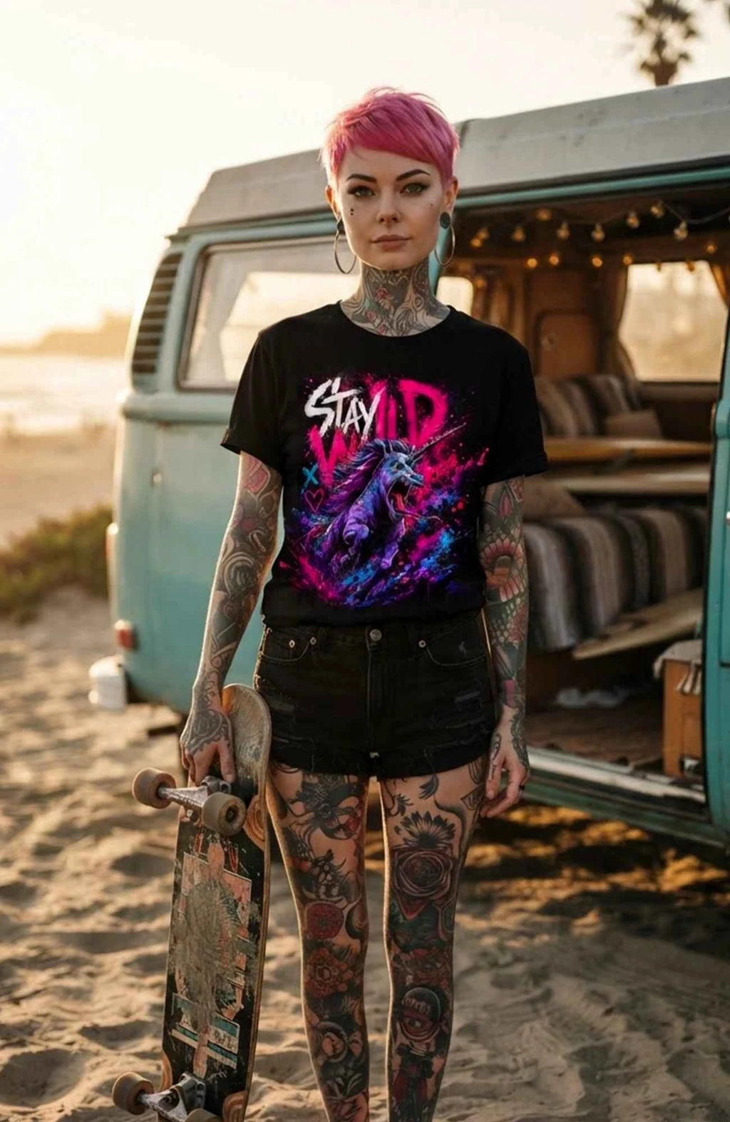 Stay Wild | T-Shirt | schwarz | Skater T-Shirt Shirt StayWild-SkaterShirt-streetwear-tshirt-Einhorn-Black-EnrolShop-EnrolDesign-Front.-Women02