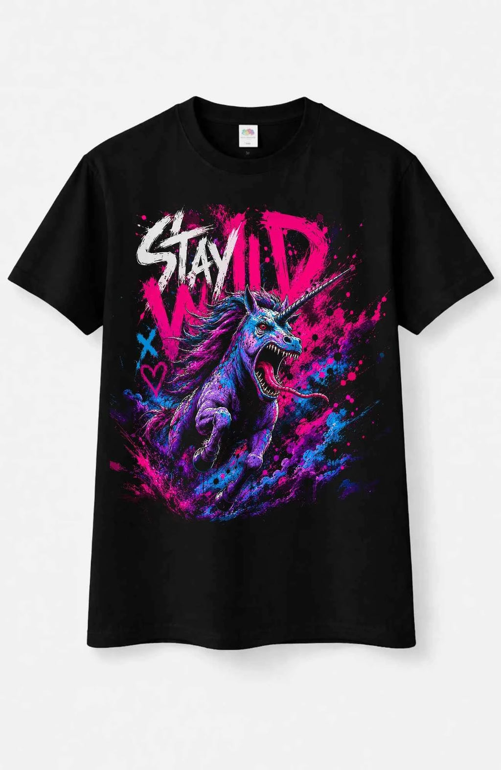 Stay Wild | T-Shirt | schwarz | Skater T-Shirt Shirt StayWild-SkaterShirt-streetwear-tshirt-Einhorn-Black-EnrolShop-EnrolDesign-Front