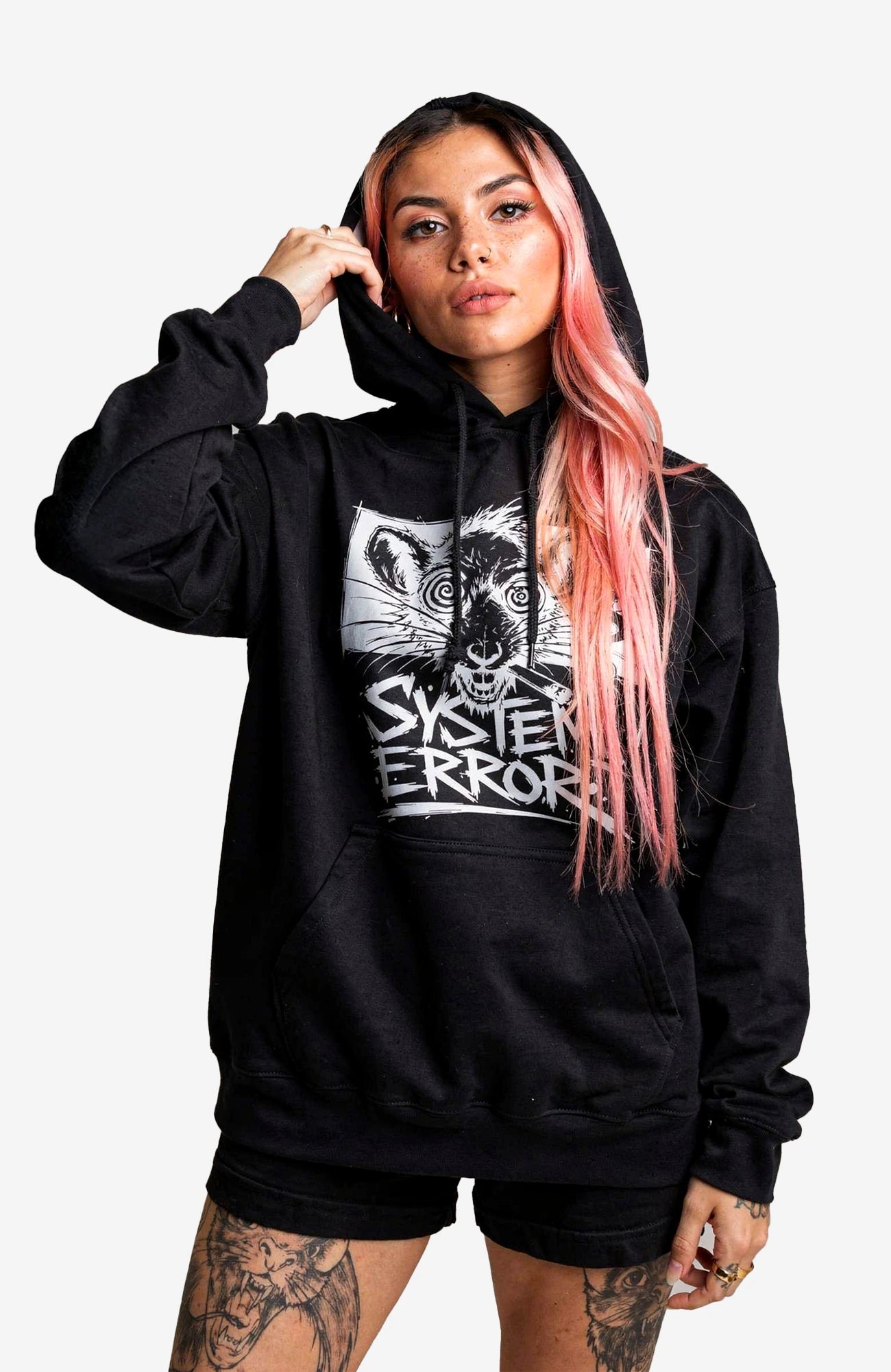 System Error Hoodie – Dark Streetwear Statement Hoodie SystemError-EnrolDesign-streetwear-Hoodie-black-Front.-Famale-EnrolShop.-Model01