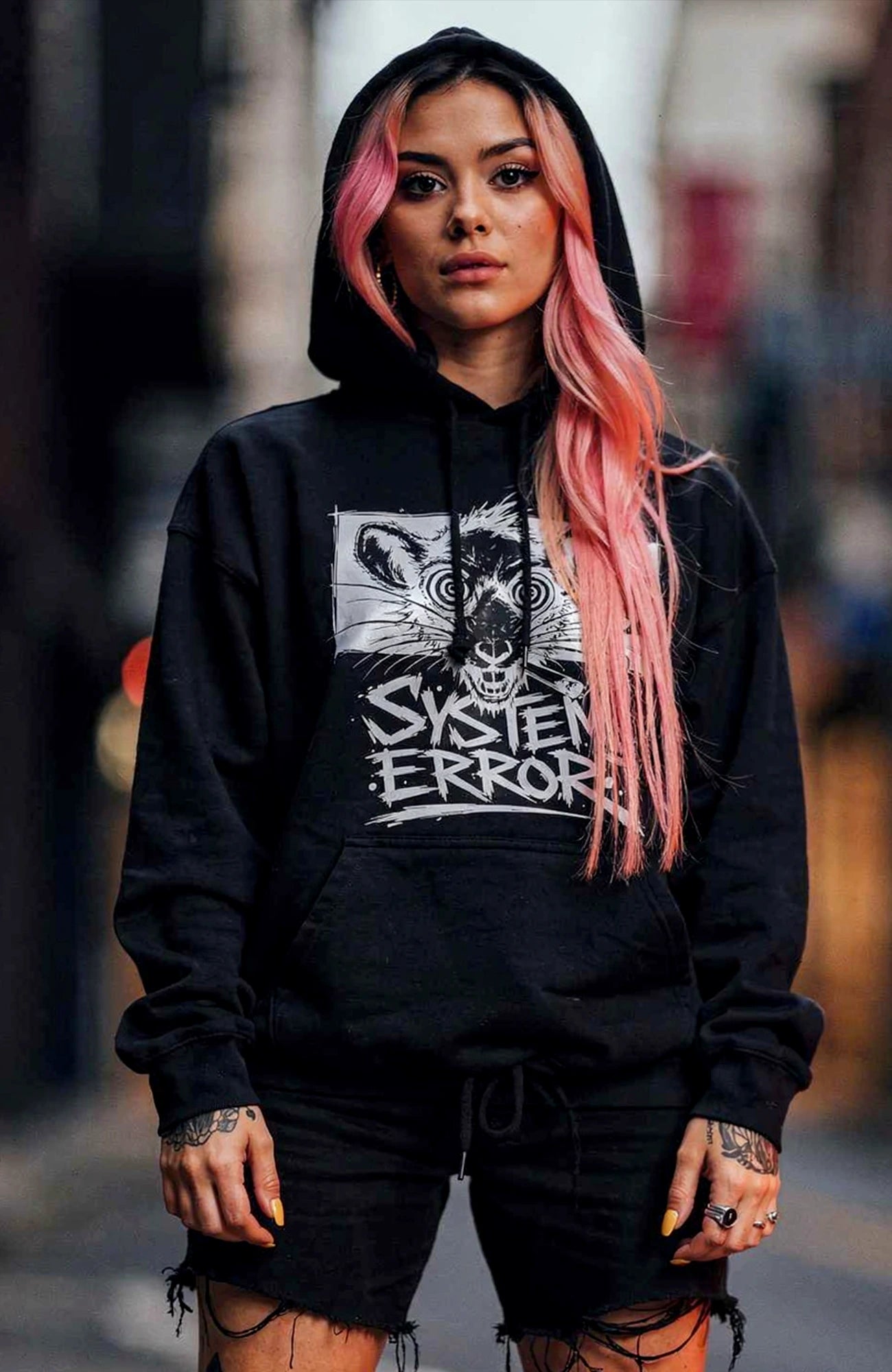 System Error Hoodie – Dark Streetwear Statement Hoodie SystemError-EnrolDesign-streetwear-Hoodie-black-Front.-Famale-EnrolShop.-Model02