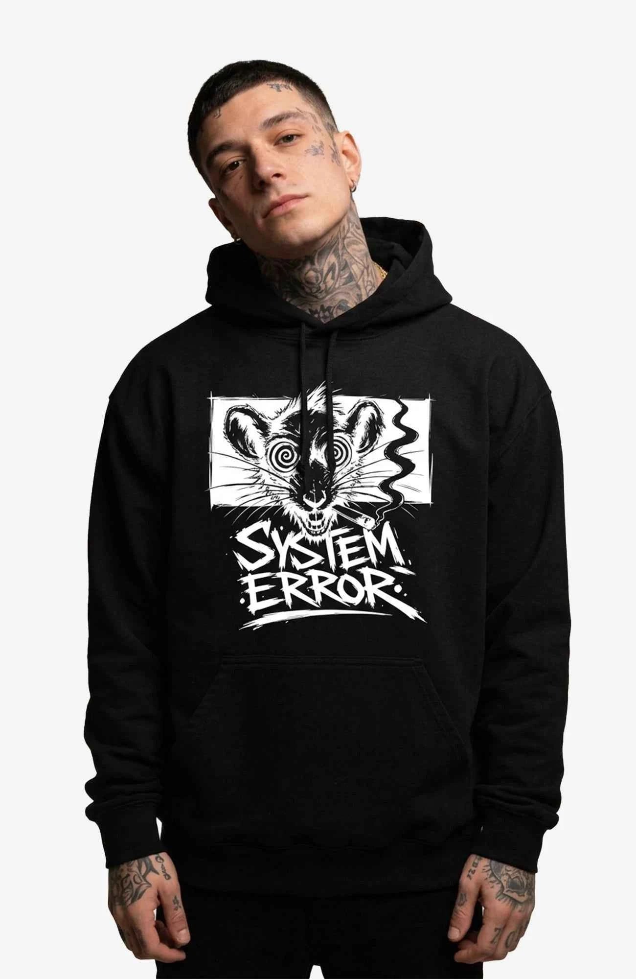System Error Hoodie – Dark Streetwear Statement Hoodie SystemError-EnrolDesign-streetwear-Hoodie-black-Front.-Male-EnrolShop.-Model01