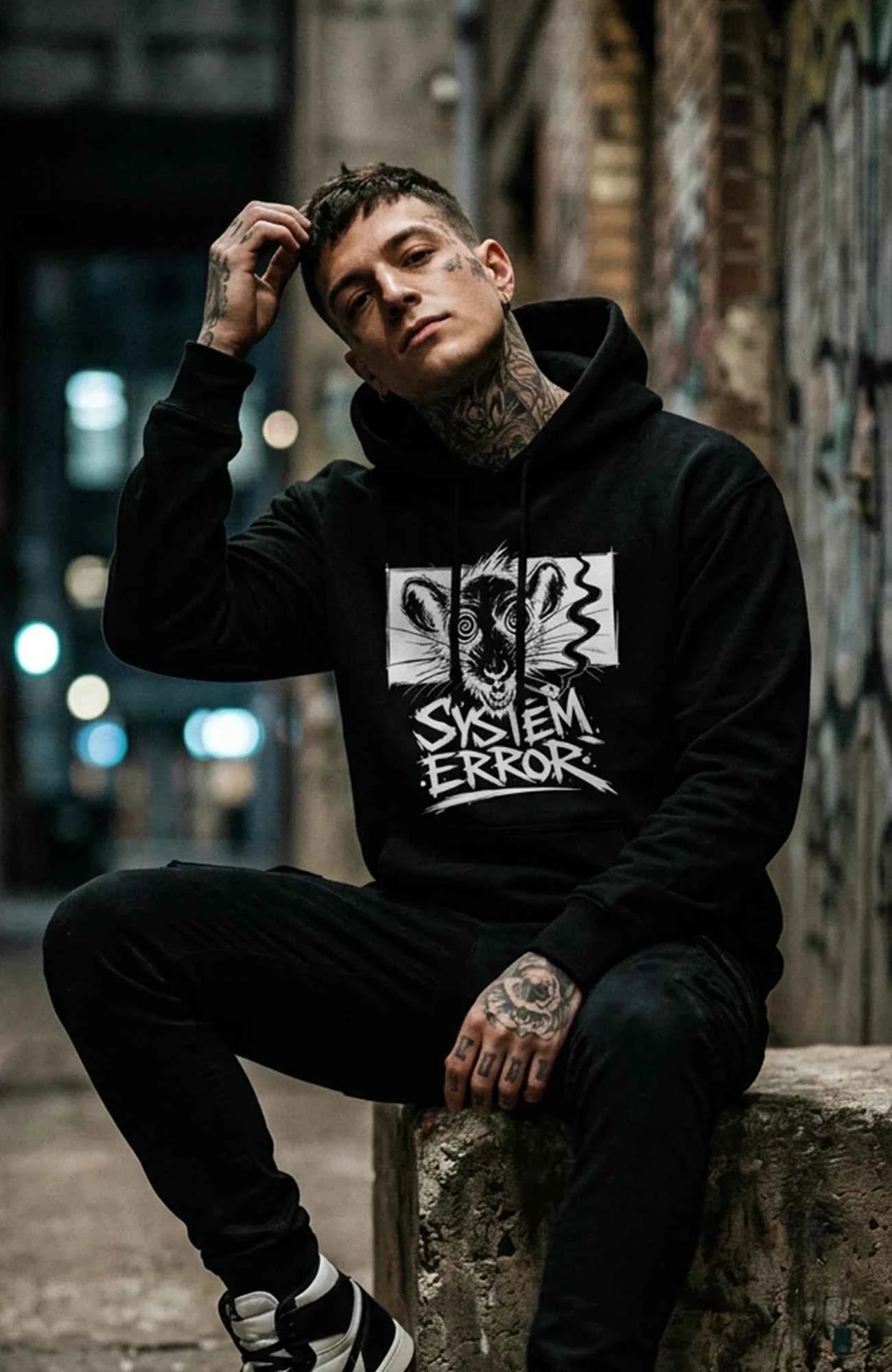 System Error Hoodie – Dark Streetwear Statement Hoodie SystemError-EnrolDesign-streetwear-Hoodie-black-Front.-Male-EnrolShop.-Model02