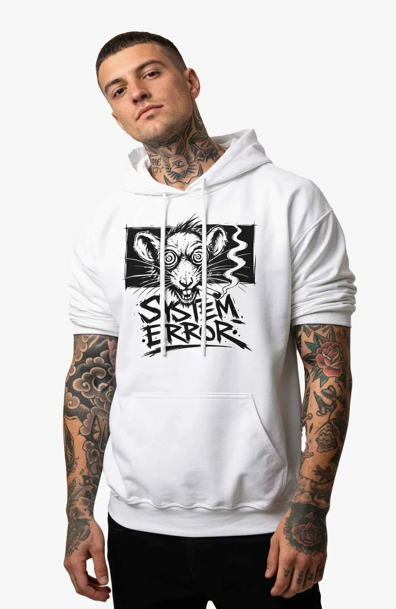System Error Hoodie – White Edition Hoodie SystemError-EnrolDesign-streetwear-Hoodie-white-Front.-Male-EnrolShop.-Model01