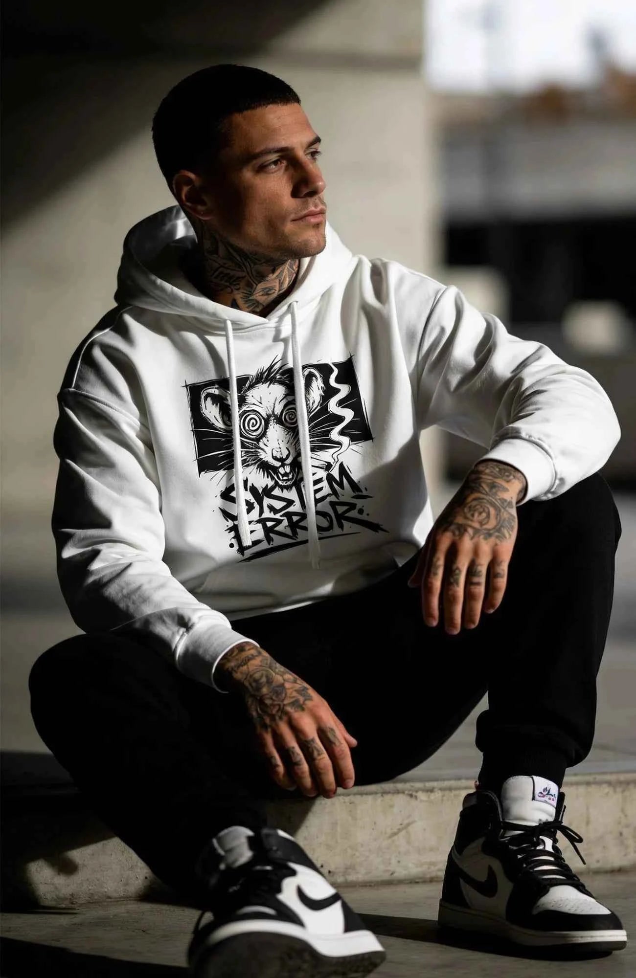 System Error Hoodie – White Edition Hoodie SystemError-EnrolDesign-streetwear-Hoodie-white-Front.-Male-EnrolShop.-Model02